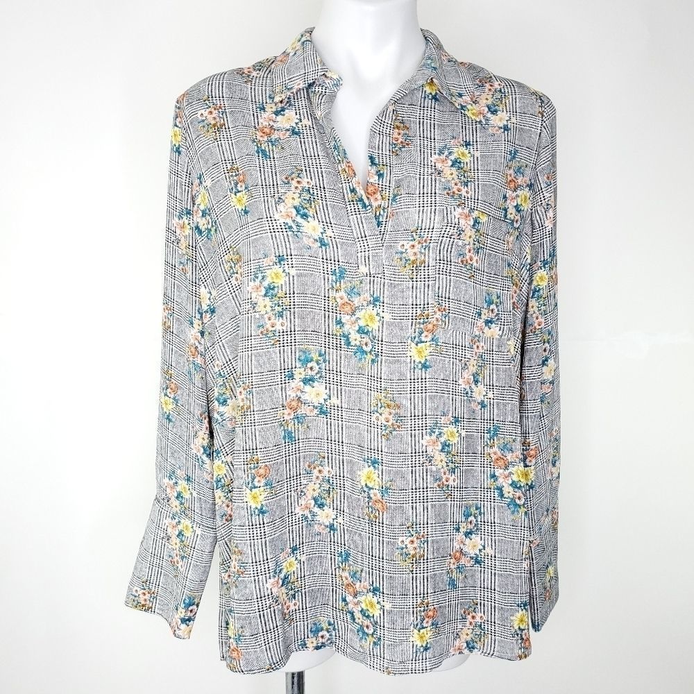 Pleione striped floral popover pullover shirt sz L